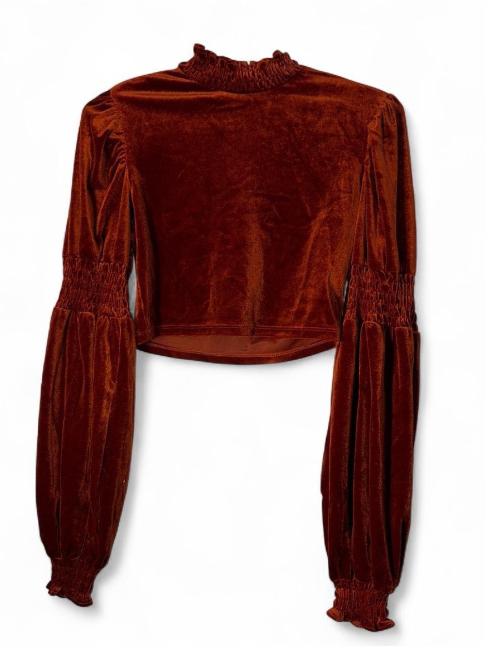 Smocked Velvet Cropped Top in Rust